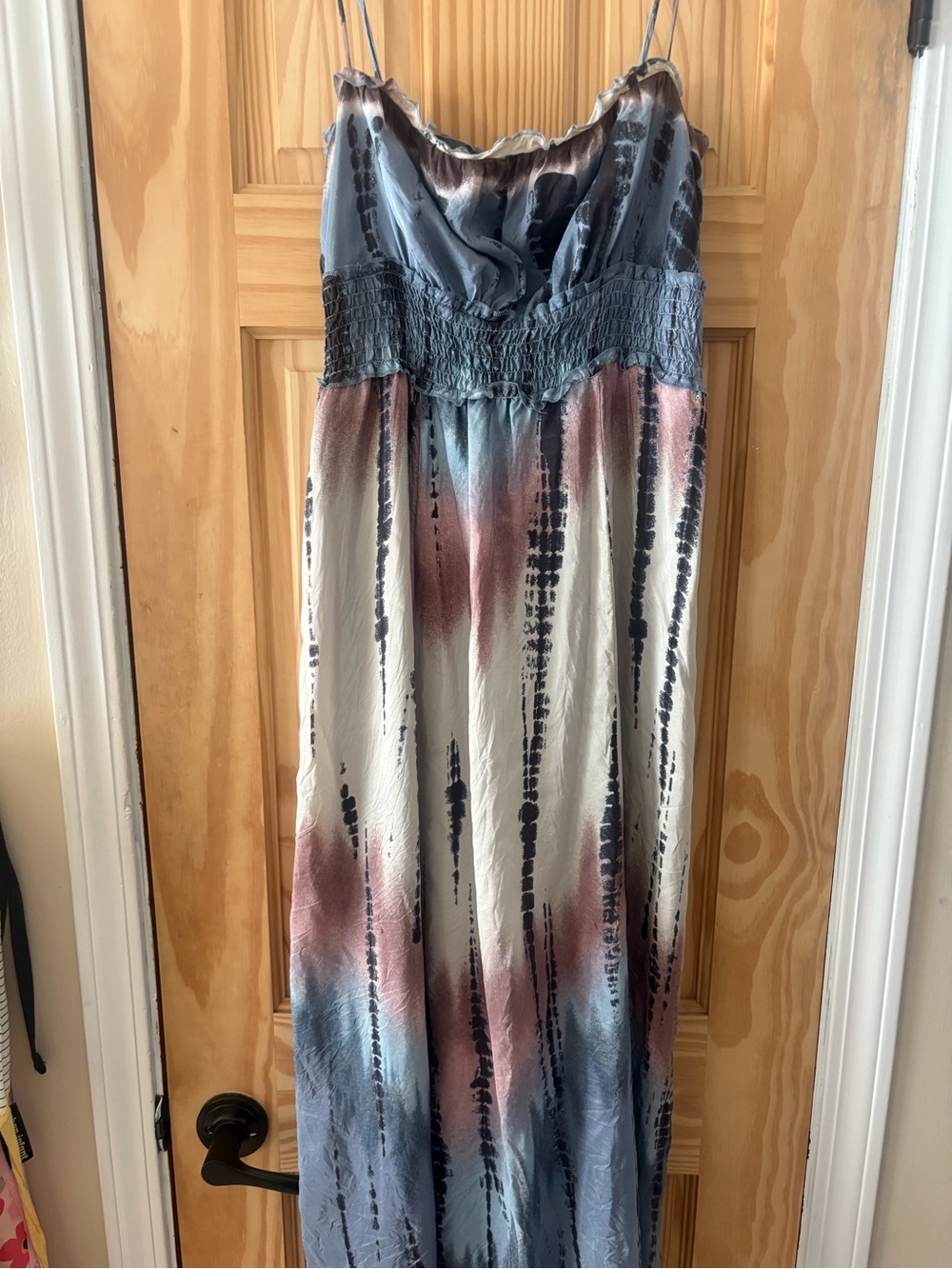 BCBGMaxAzria Blue, Pink, Cream Tie-Dye Maxi Dress with Smocked Waist